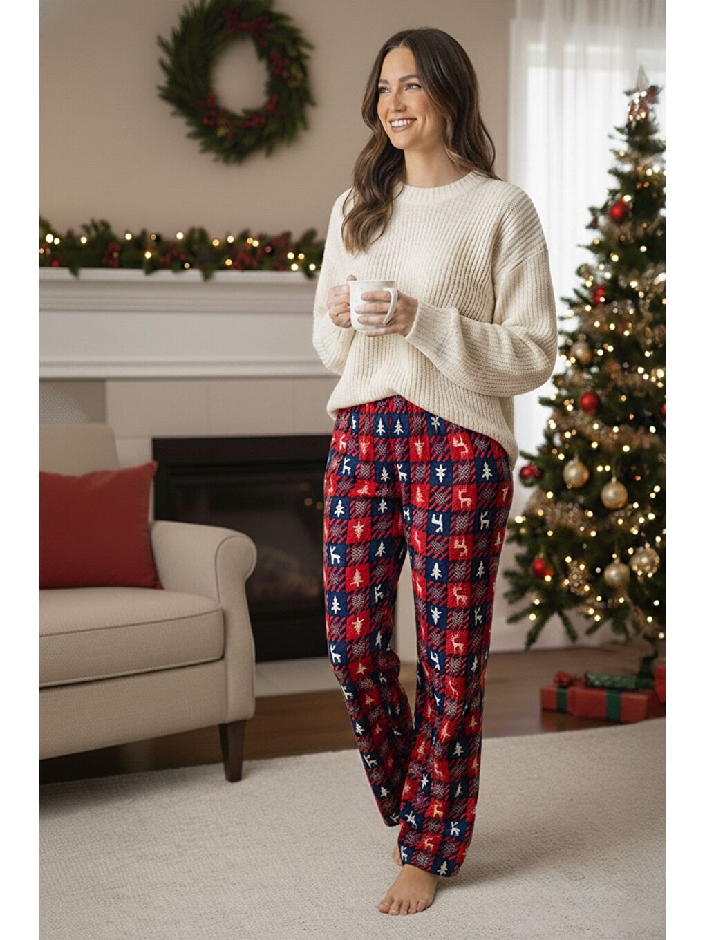 Kırmızı Geyik Baskılı Kadife Pijama Altı