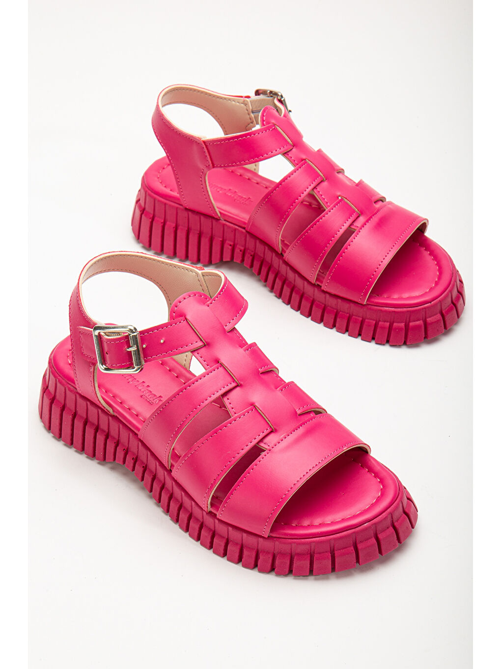 Kadın Fuşya Bilekten Bağlamalı Üç Bantlı Poli Yüksek Taban Sandalet-3
