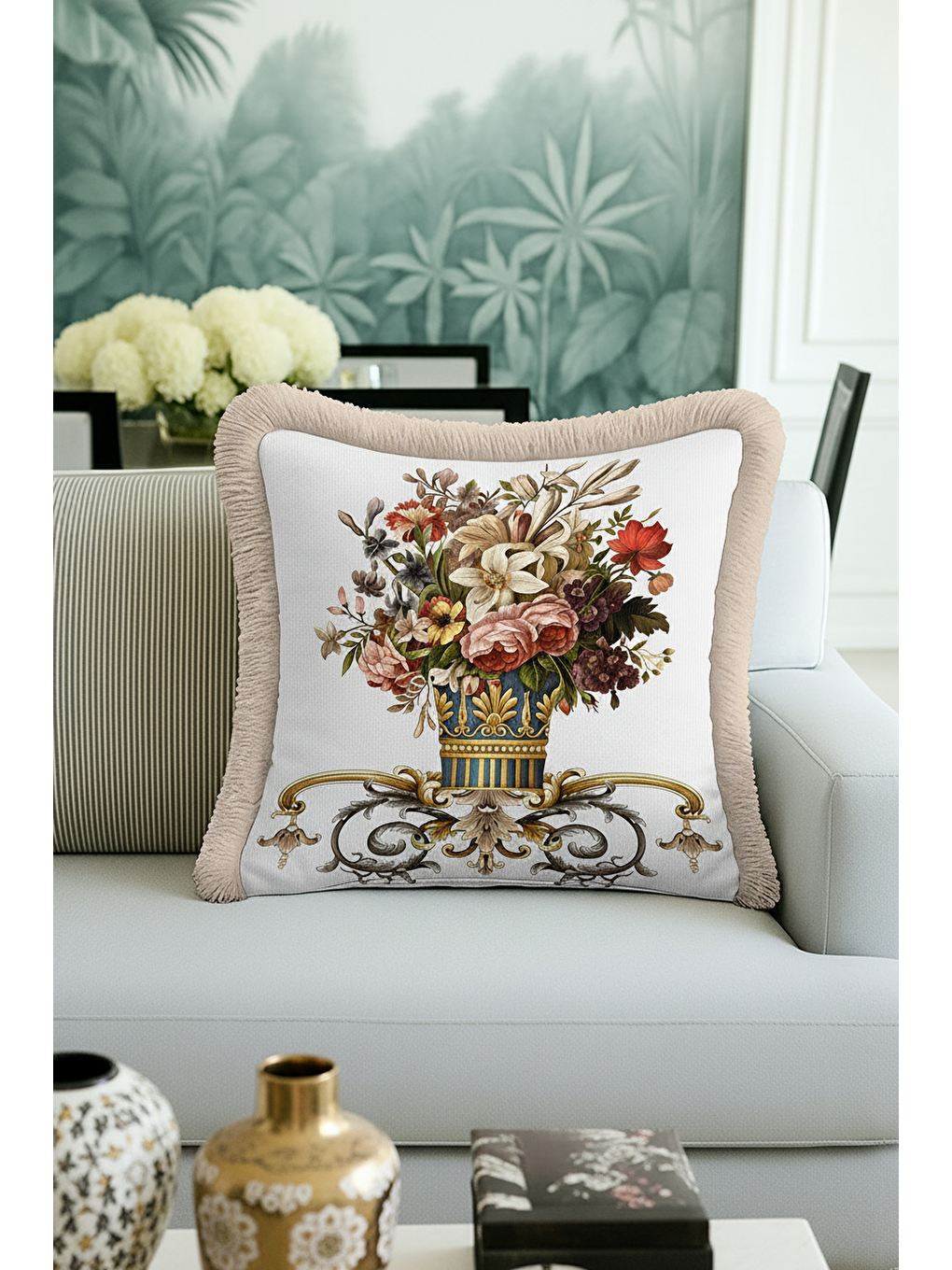 Karışık Barok Çiçek Vazolu Saçaklı Yastık Kılıfı - Lüks Klasik Salon Vintage Gold Püsküllü Kırlent Kılıfı