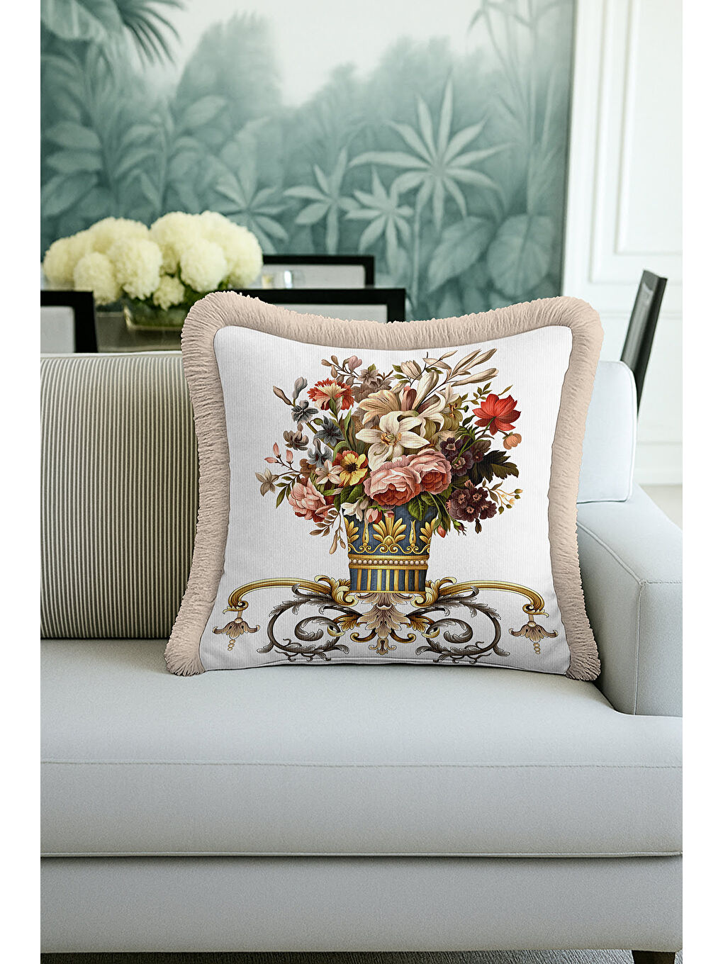 Karışık Barok Çiçek Vazolu Saçaklı Yastık Kılıfı - Lüks Klasik Salon Vintage Gold Püsküllü Kırlent Kılıfı-1