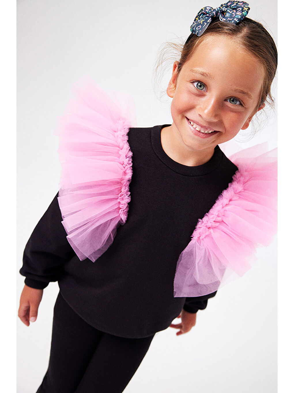 Siyah Omuzları Tül Detaylı Kız Çocuk Eşofman Takımı - Malory-1