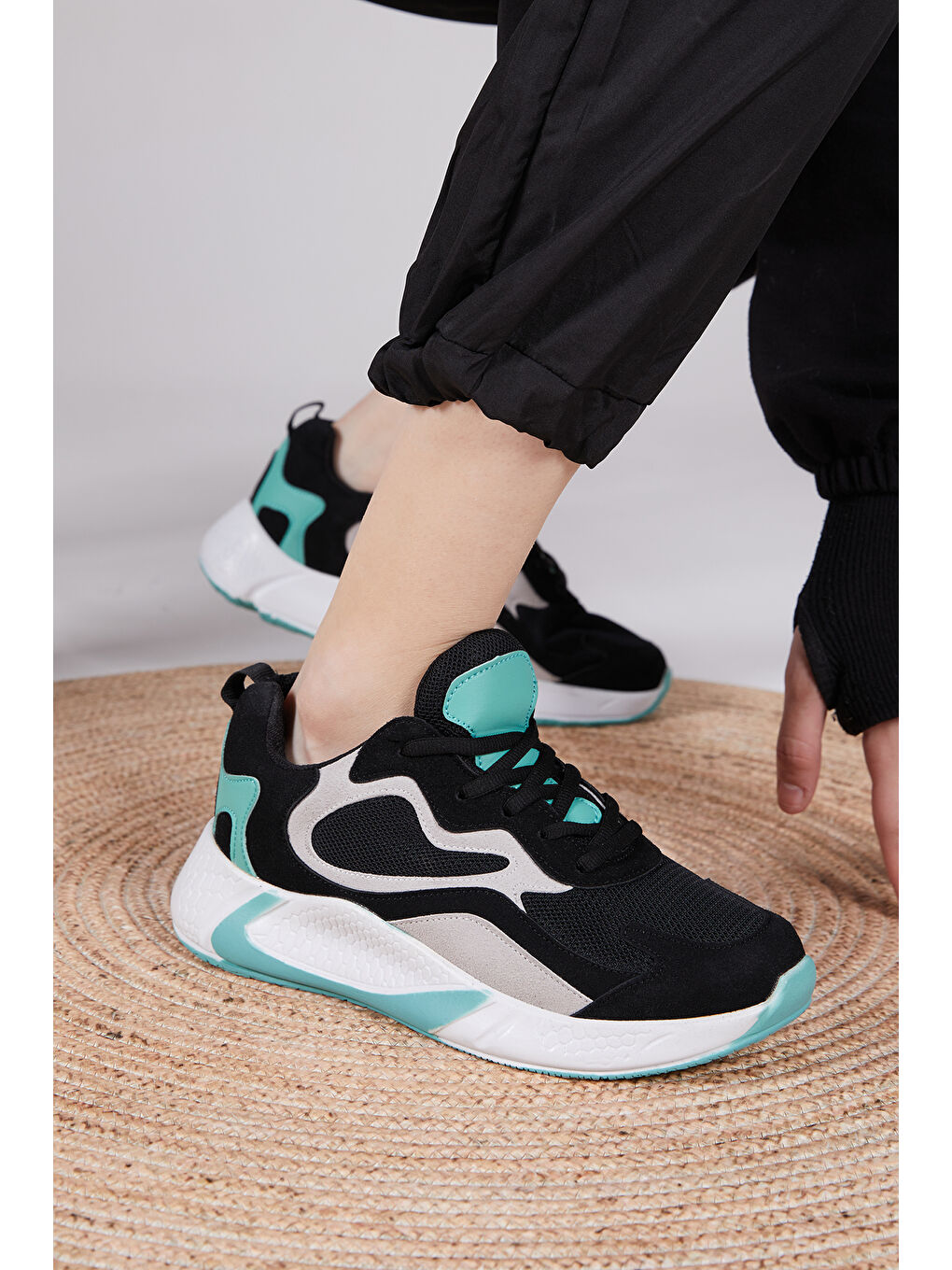 Unisex Siyah Yeşil Spor Ayakkabı V2901-1