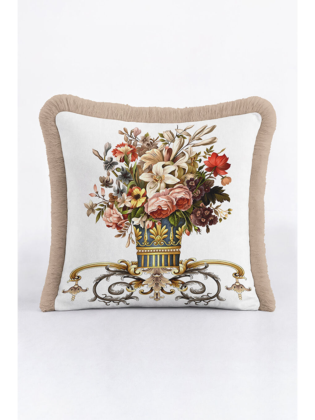 Karışık Barok Çiçek Vazolu Saçaklı Yastık Kılıfı - Lüks Klasik Salon Vintage Gold Püsküllü Kırlent Kılıfı-3