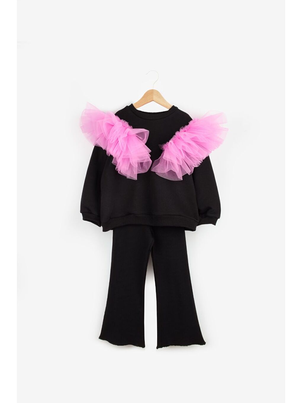 Siyah Omuzları Tül Detaylı Kız Çocuk Eşofman Takımı - Malory-2