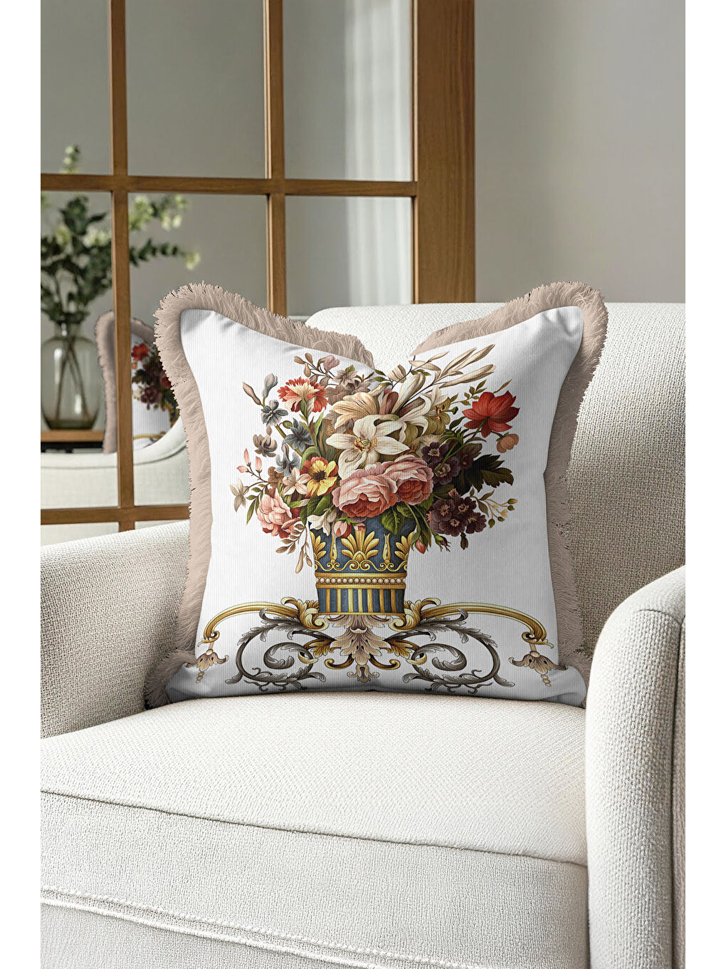 Karışık Barok Çiçek Vazolu Saçaklı Yastık Kılıfı - Lüks Klasik Salon Vintage Gold Püsküllü Kırlent Kılıfı-4