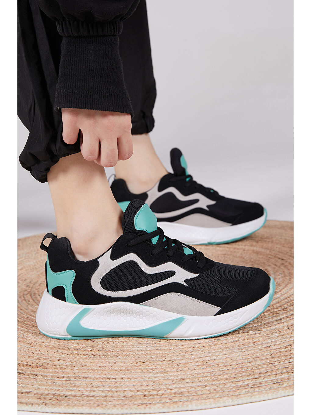 Unisex Siyah Yeşil Spor Ayakkabı V2901-2