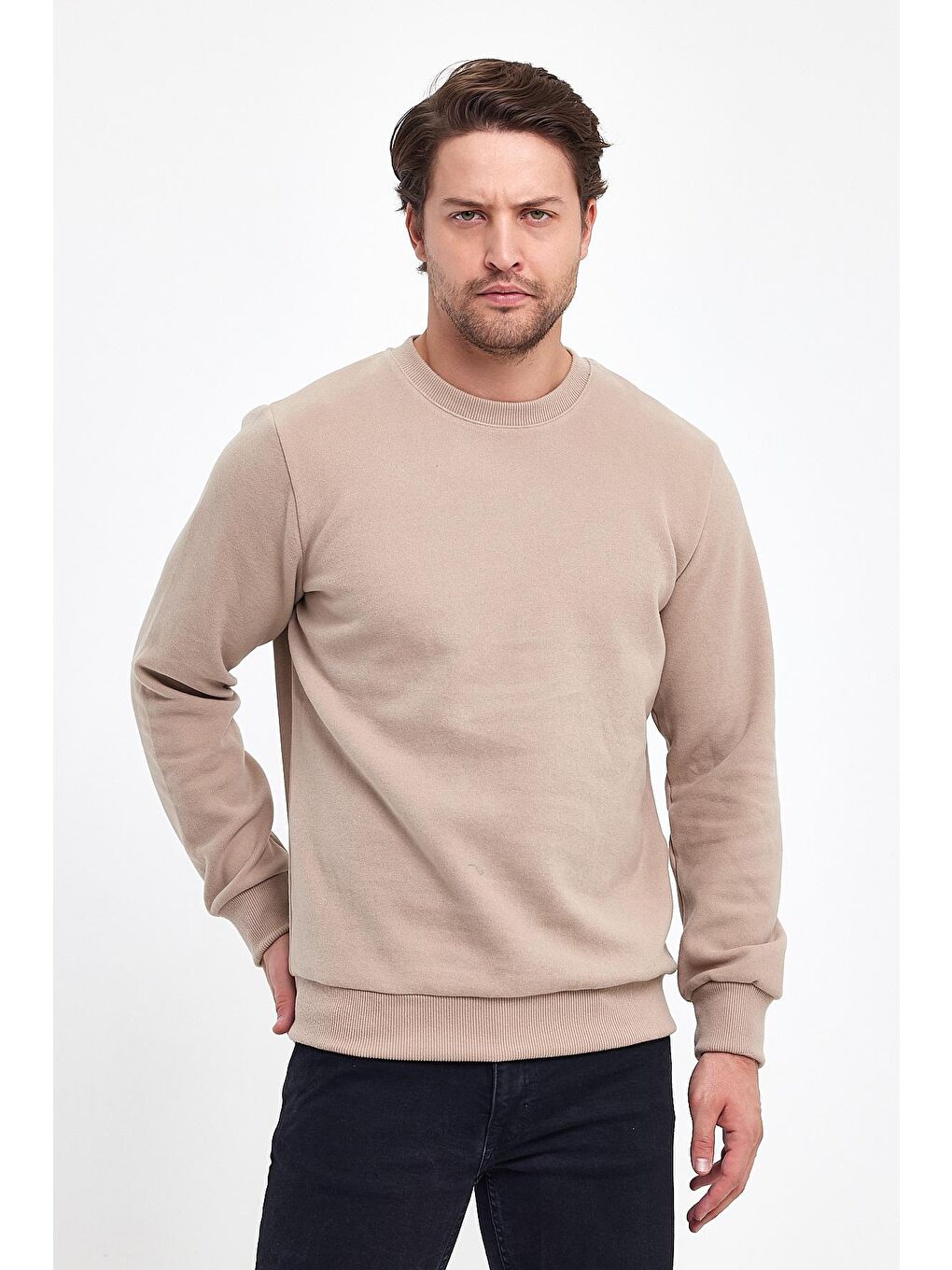 Bej Selanik Bisiklet Yaka Erkek Sweatshirt