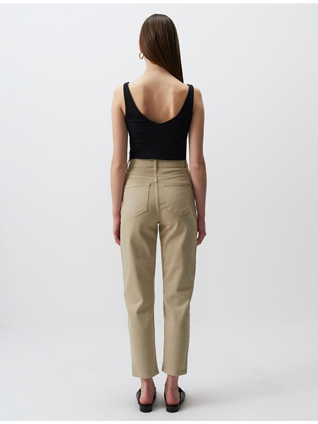 Bej Yüksek Bel Cepli Jean Pantolon-5
