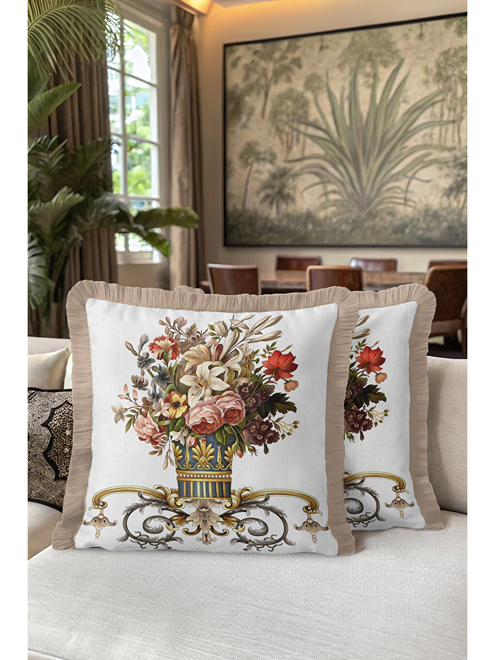 Karışık Barok Çiçek Vazolu Saçaklı Yastık Kılıfı - Lüks Klasik Salon Vintage Gold Püsküllü Kırlent Kılıfı-5