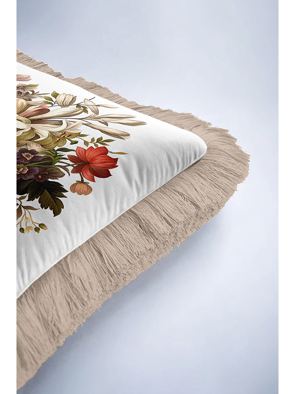 Karışık Barok Çiçek Vazolu Saçaklı Yastık Kılıfı - Lüks Klasik Salon Vintage Gold Püsküllü Kırlent Kılıfı-6