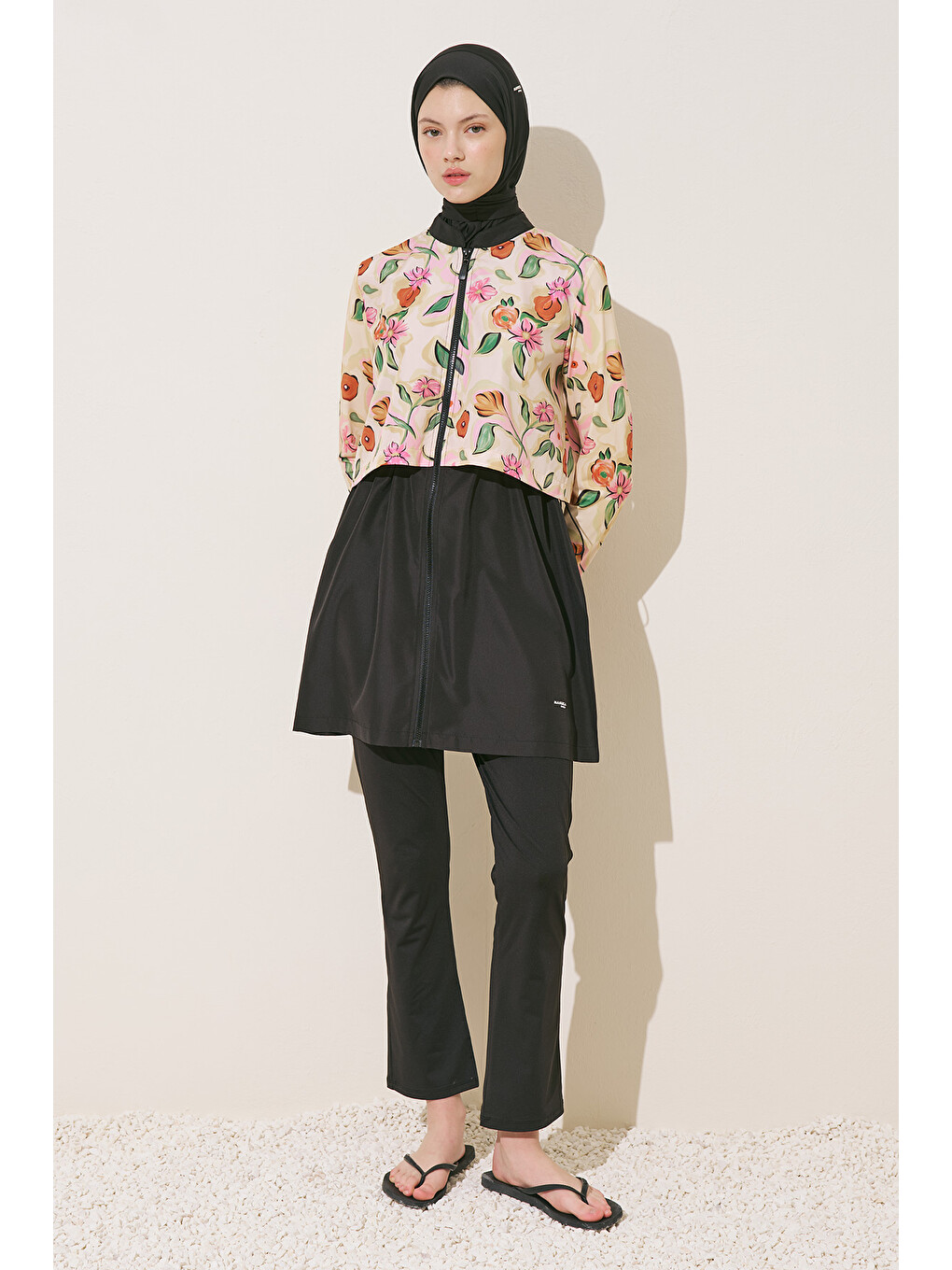 Sarı Fermuarlı 3'lü Tesettür Mayo Takım Pure Floral-3