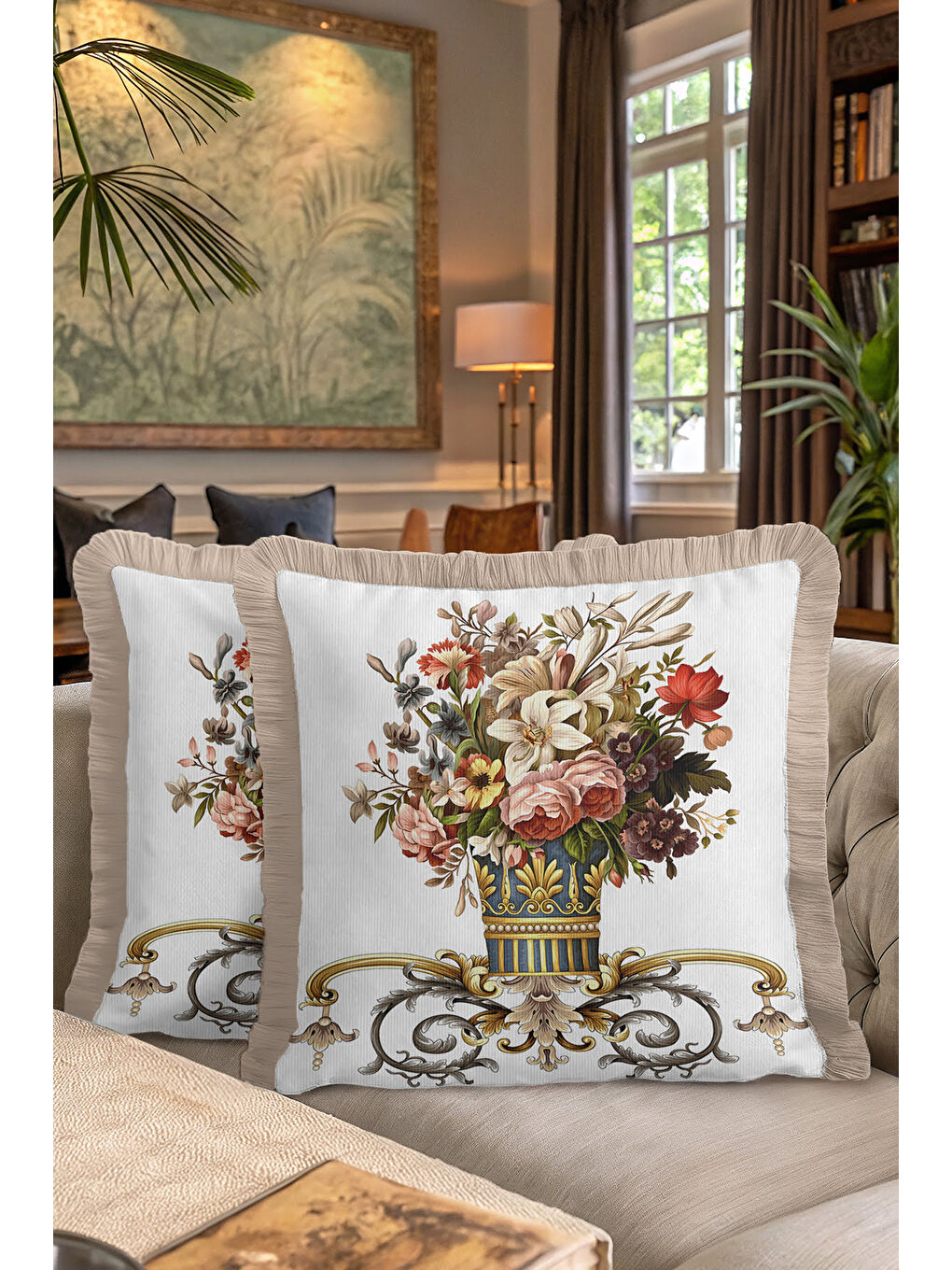 Karışık Barok Çiçek Vazolu Saçaklı Yastık Kılıfı - Lüks Klasik Salon Vintage Gold Püsküllü Kırlent Kılıfı-7
