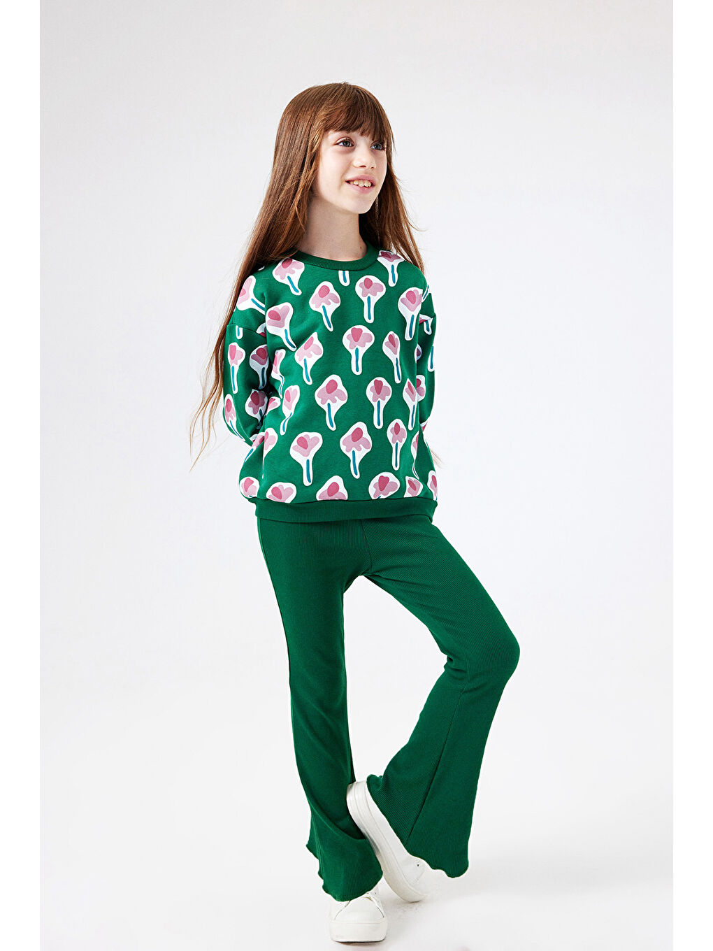 Yeşil Çiçek Desenli Kız Çocuk Eşofman Takımı - Gemma