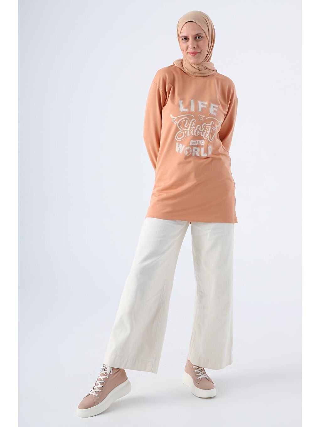 Kahverengi Tarçın Pamuklu Rahat Kalıp Baskılı Basic Tunik