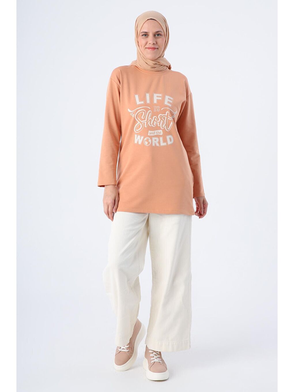 Kahverengi Tarçın Pamuklu Rahat Kalıp Baskılı Basic Tunik-1