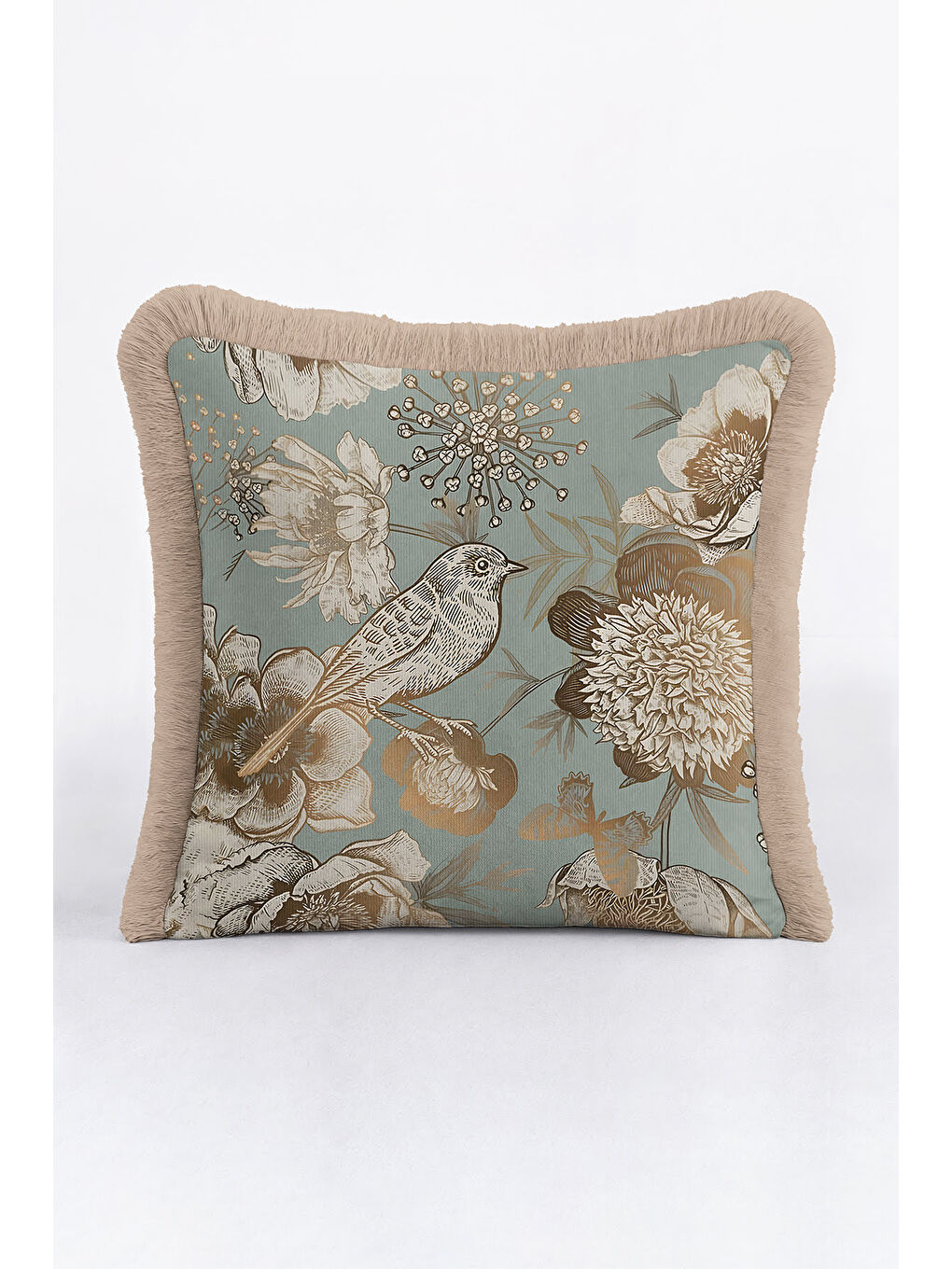 Karışık Vintage Kuşlu Altın Renkli Saçaklı Yastık Kılıfı - Botanik Rustik Mavi Krem Püsküllü Kırlent Kılıfı