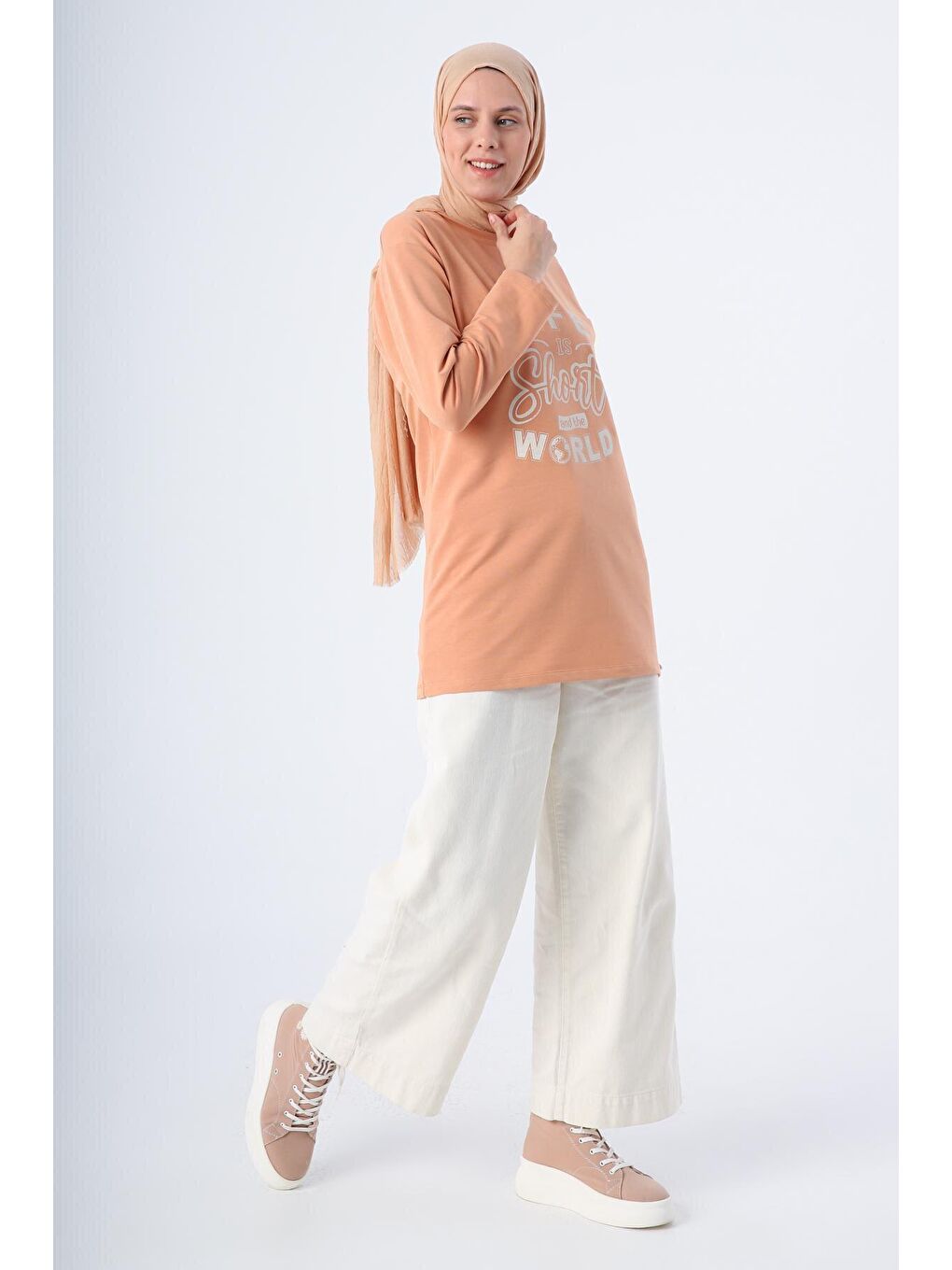 Kahverengi Tarçın Pamuklu Rahat Kalıp Baskılı Basic Tunik-2