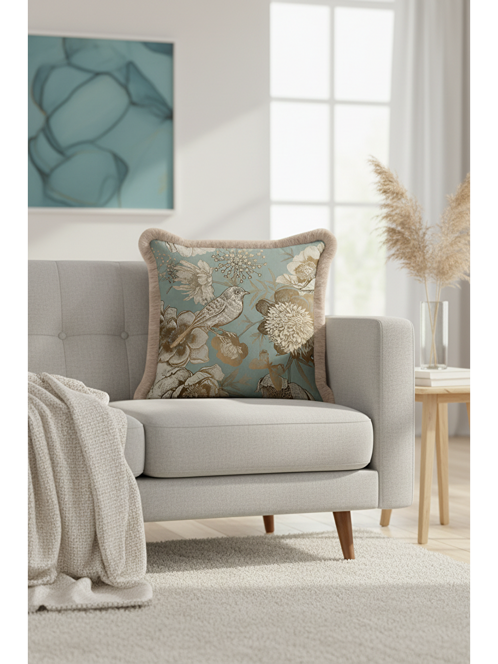 Karışık Vintage Kuşlu Altın Renkli Saçaklı Yastık Kılıfı - Botanik Rustik Mavi Krem Püsküllü Kırlent Kılıfı-2