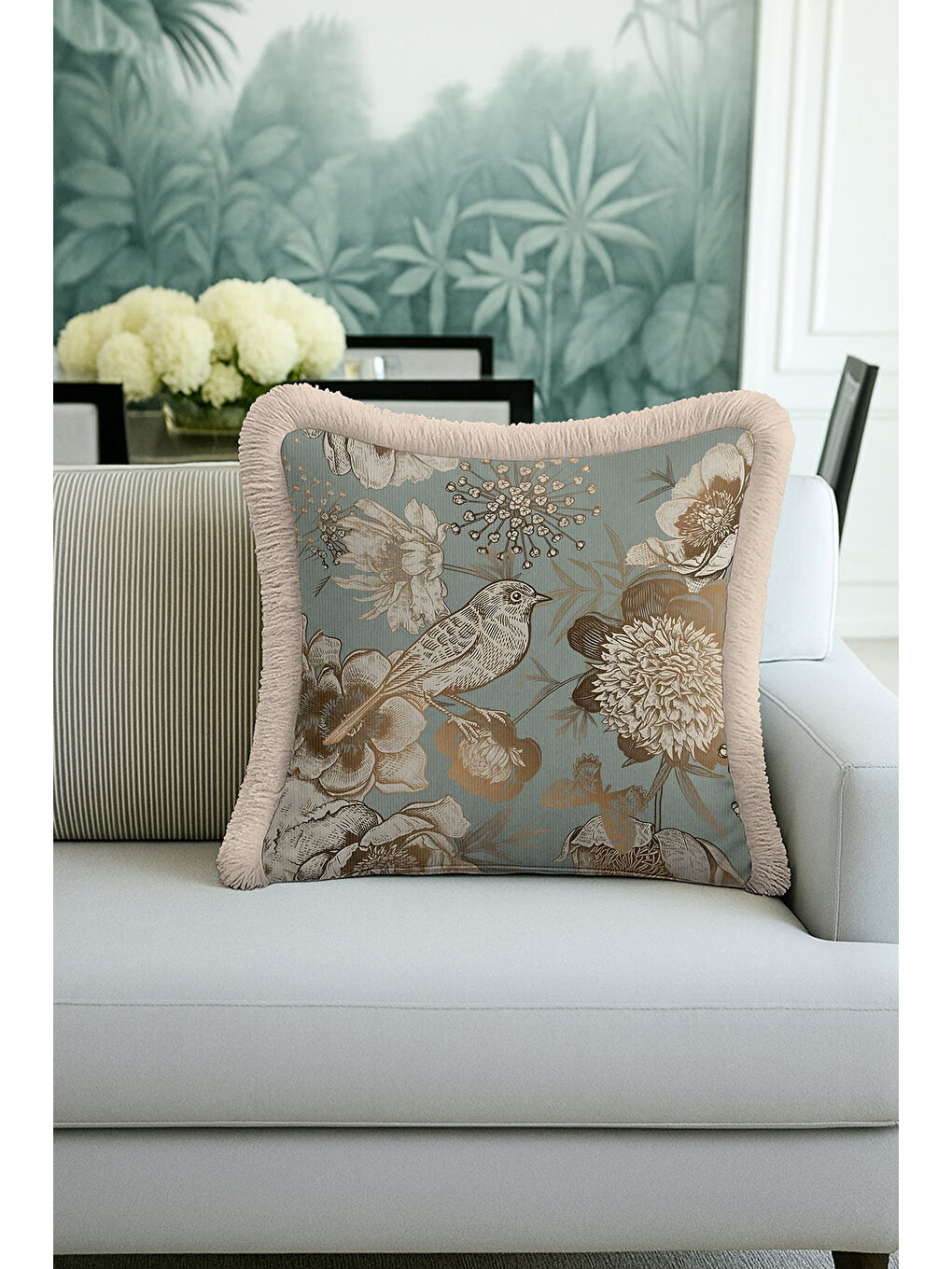 Karışık Vintage Kuşlu Altın Renkli Saçaklı Yastık Kılıfı - Botanik Rustik Mavi Krem Püsküllü Kırlent Kılıfı-3