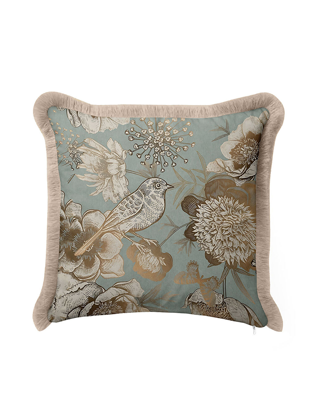 Karışık Vintage Kuşlu Altın Renkli Saçaklı Yastık Kılıfı - Botanik Rustik Mavi Krem Püsküllü Kırlent Kılıfı-4