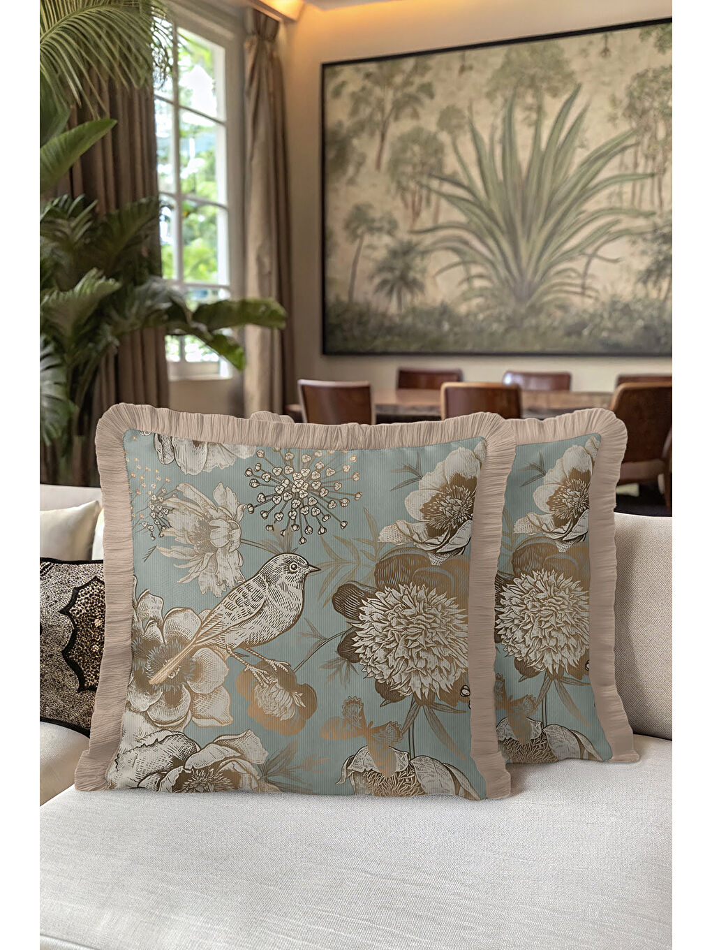 Karışık Vintage Kuşlu Altın Renkli Saçaklı Yastık Kılıfı - Botanik Rustik Mavi Krem Püsküllü Kırlent Kılıfı-5