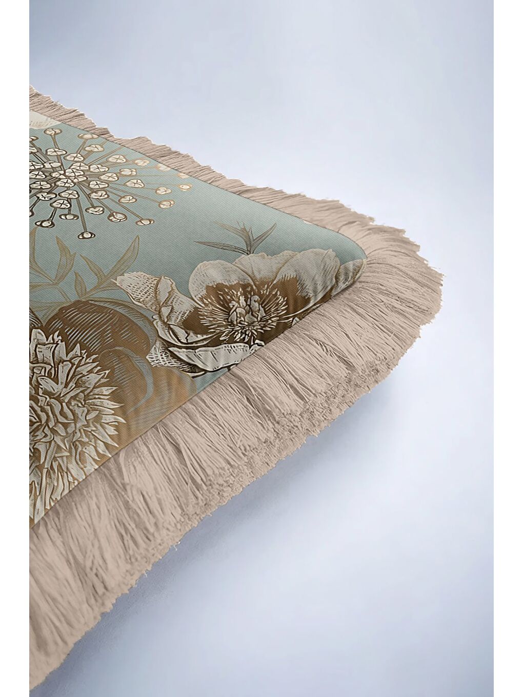 Karışık Vintage Kuşlu Altın Renkli Saçaklı Yastık Kılıfı - Botanik Rustik Mavi Krem Püsküllü Kırlent Kılıfı-6