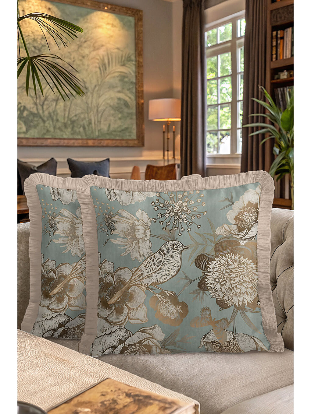 Karışık Vintage Kuşlu Altın Renkli Saçaklı Yastık Kılıfı - Botanik Rustik Mavi Krem Püsküllü Kırlent Kılıfı-7