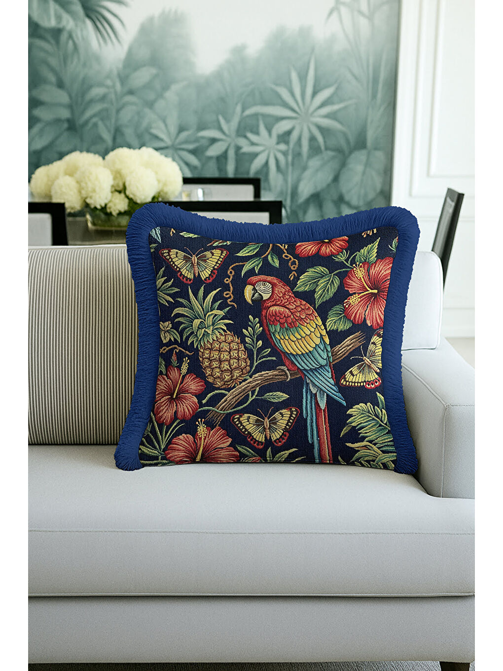 Karışık Tropikal Çiçekli Saçaklı Yastık Kılıfı - Egzotik Botanik Bohem Lacivert Püsküllü Kırlent Kılıfı-1