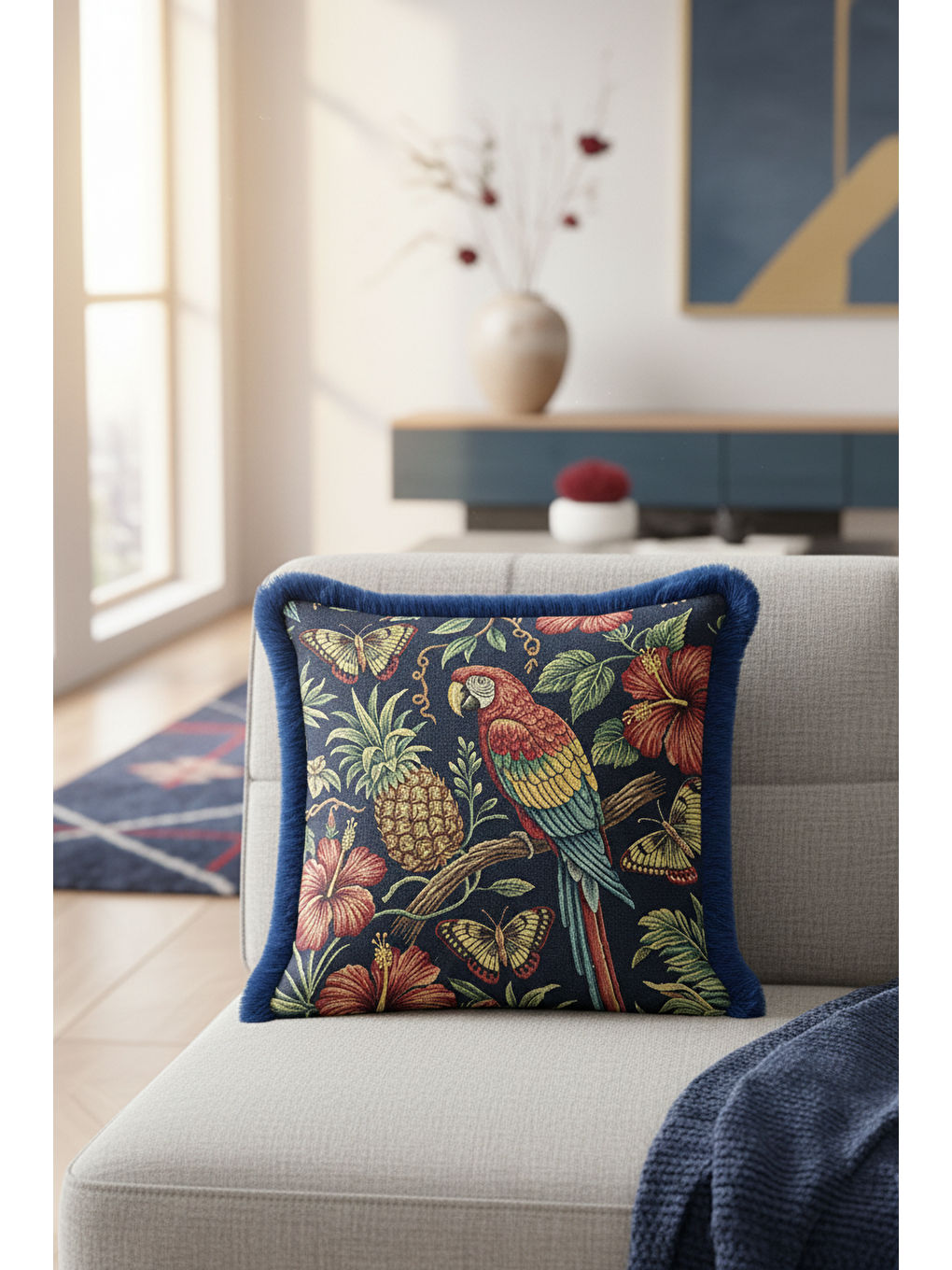 Karışık Tropikal Çiçekli Saçaklı Yastık Kılıfı - Egzotik Botanik Bohem Lacivert Püsküllü Kırlent Kılıfı-2