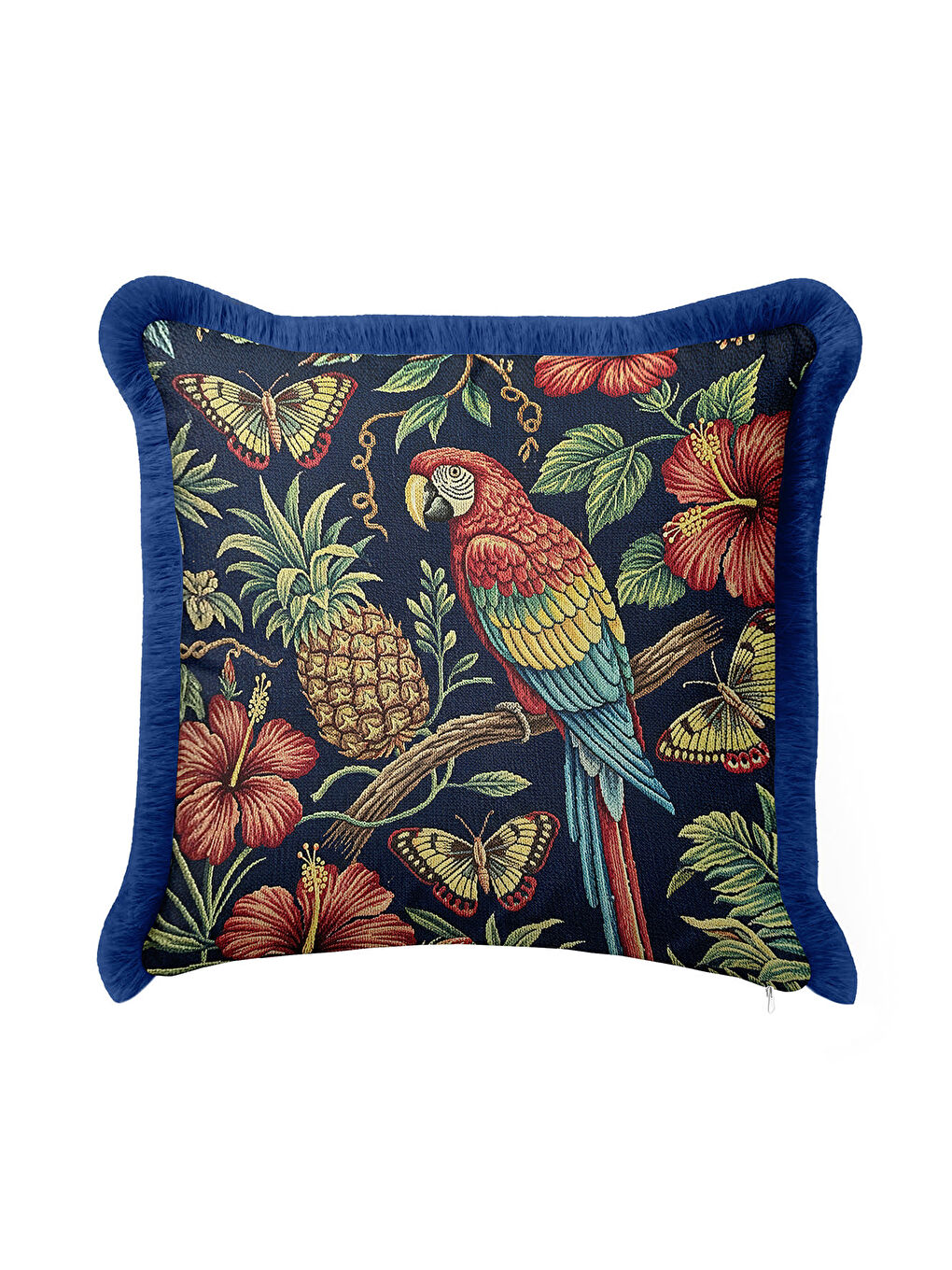 Karışık Tropikal Çiçekli Saçaklı Yastık Kılıfı - Egzotik Botanik Bohem Lacivert Püsküllü Kırlent Kılıfı-3