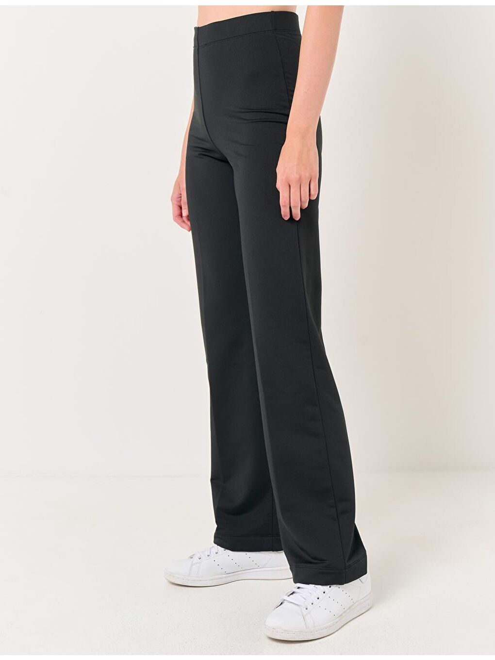 Siyah Yüksek Bel Bol Paça Örme Pantolon-4