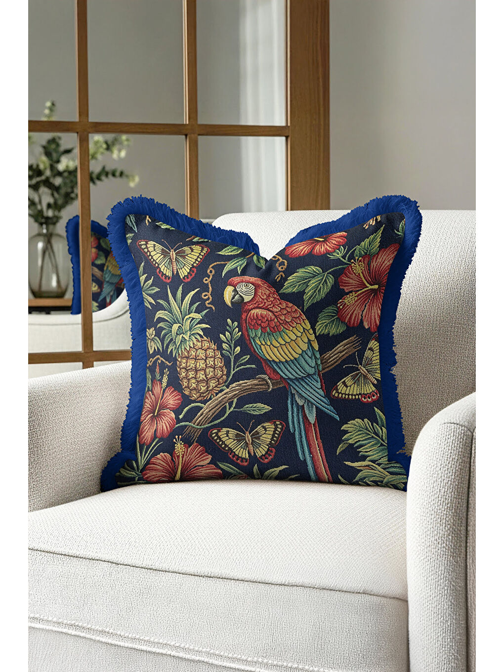 Karışık Tropikal Çiçekli Saçaklı Yastık Kılıfı - Egzotik Botanik Bohem Lacivert Püsküllü Kırlent Kılıfı-4