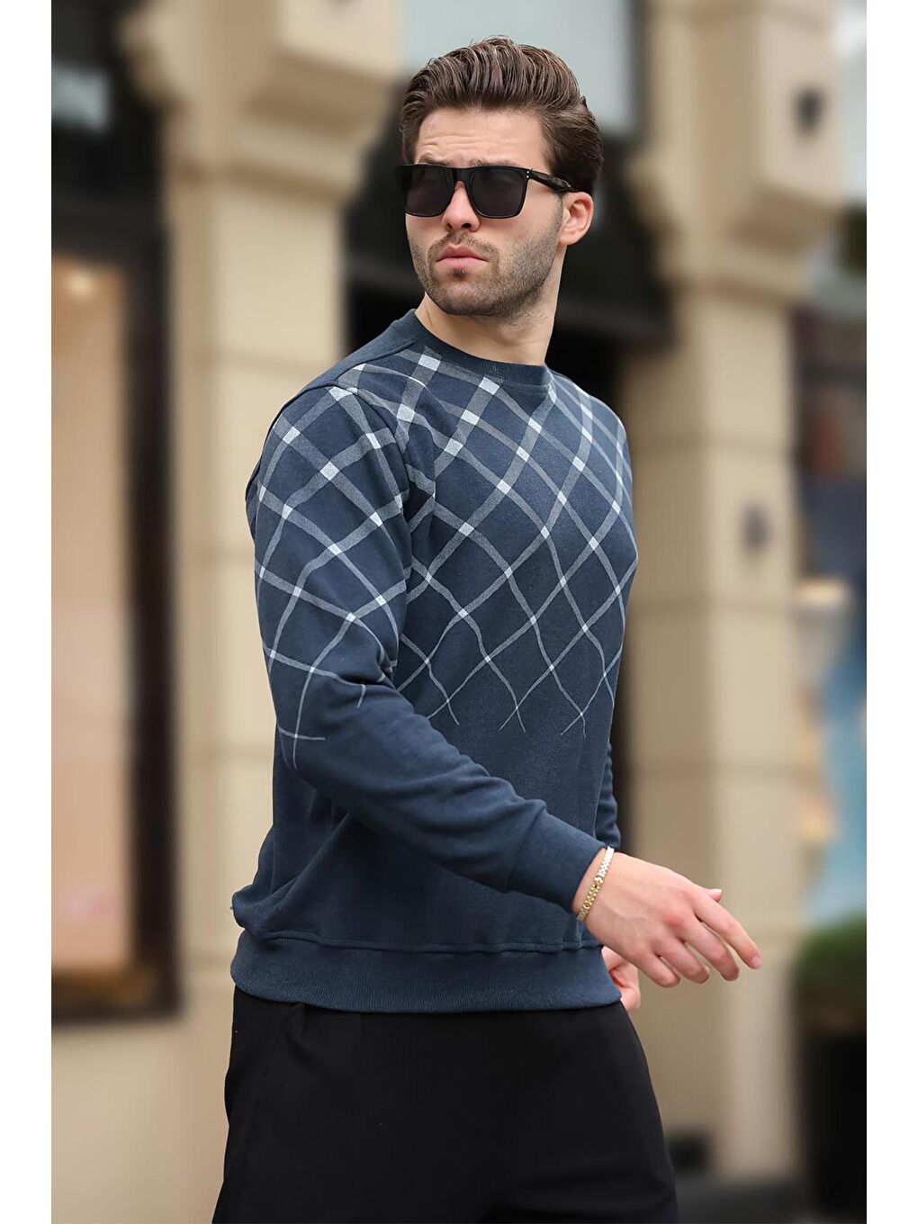 İndigo Desenli Bisiklet Yaka Triko Kazak 6019