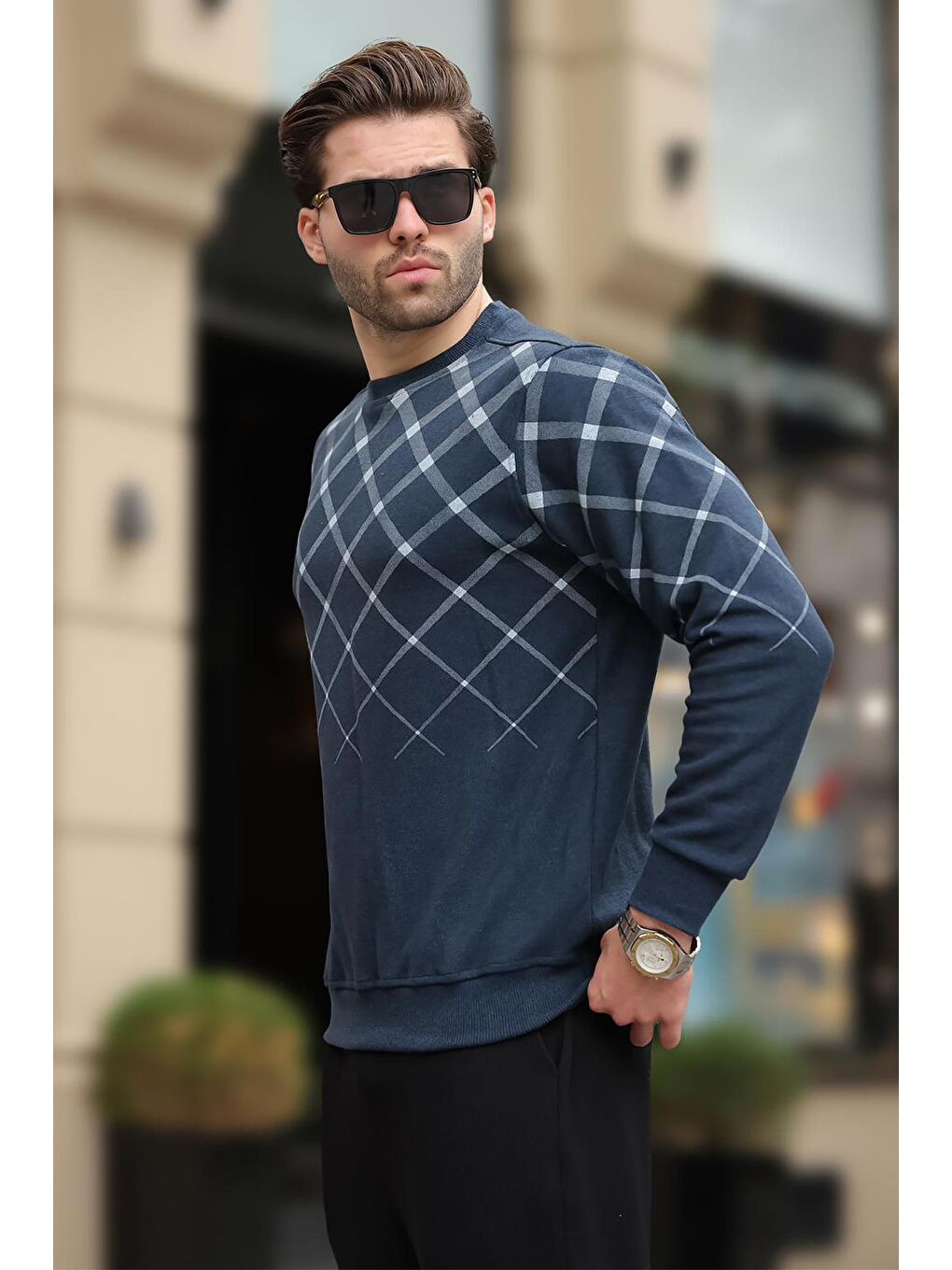 İndigo Desenli Bisiklet Yaka Triko Kazak 6019-1