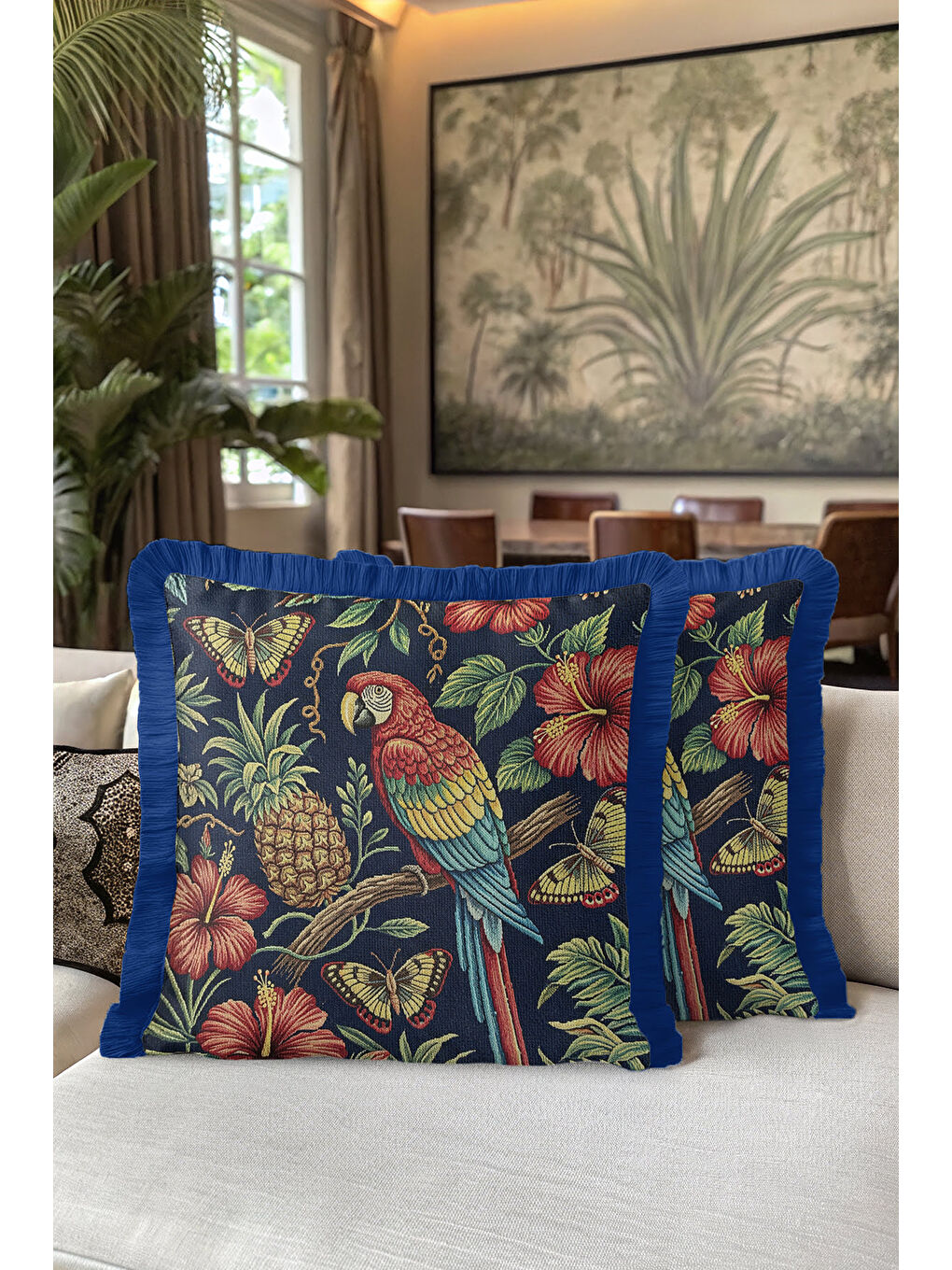 Karışık Tropikal Çiçekli Saçaklı Yastık Kılıfı - Egzotik Botanik Bohem Lacivert Püsküllü Kırlent Kılıfı-5