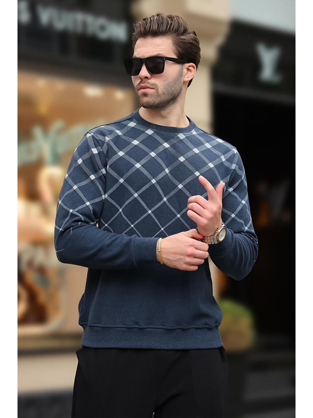 İndigo Desenli Bisiklet Yaka Triko Kazak 6019-2