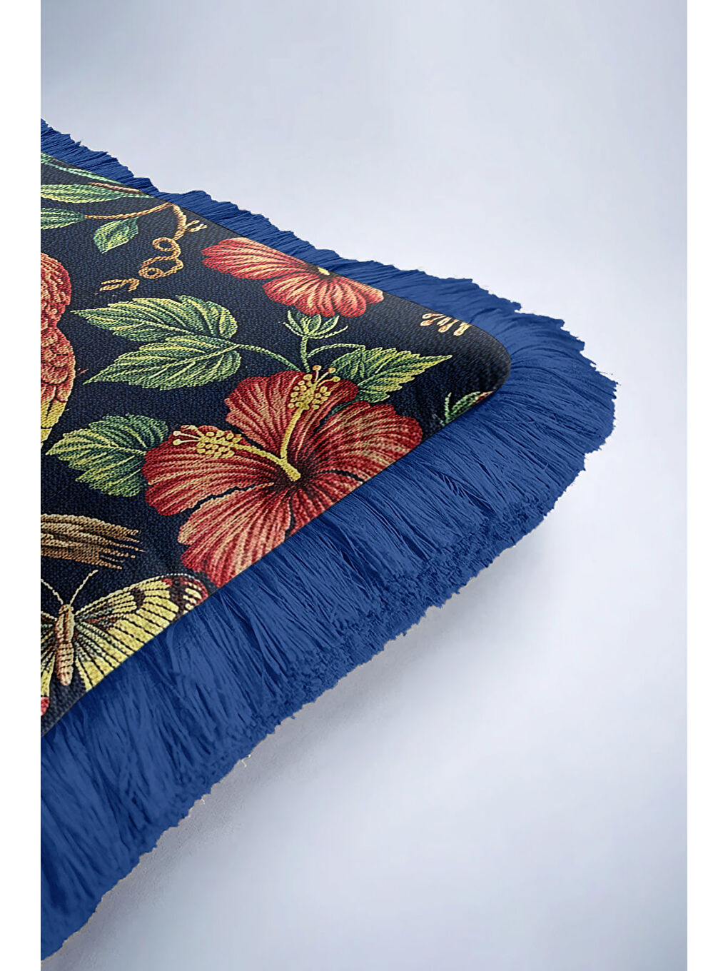 Karışık Tropikal Çiçekli Saçaklı Yastık Kılıfı - Egzotik Botanik Bohem Lacivert Püsküllü Kırlent Kılıfı-6