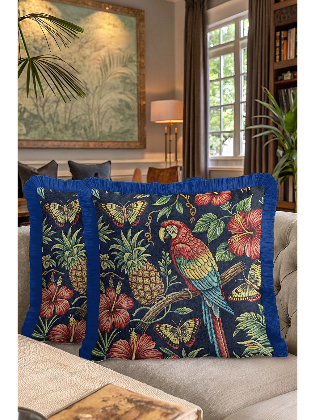Karışık Tropikal Çiçekli Saçaklı Yastık Kılıfı - Egzotik Botanik Bohem Lacivert Püsküllü Kırlent Kılıfı-7