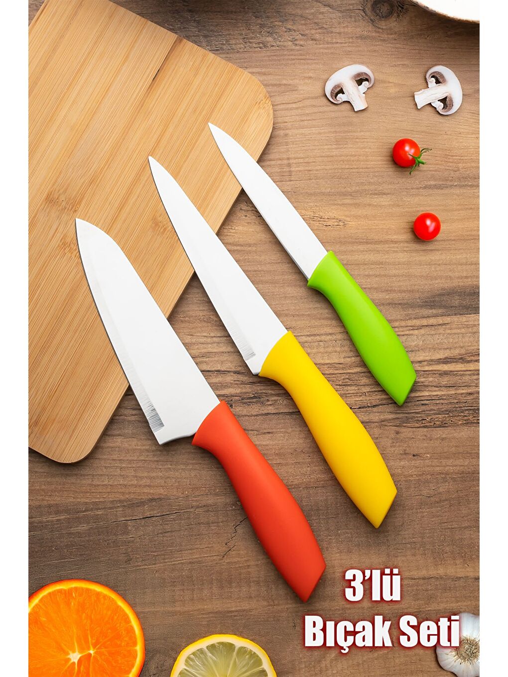 Gri 3'lü Bıçak Seti Meyve, Et Doğrama Bıçağı Şef Bıçakları Kaliteli Sağlam Bıçaklar 28 x 27.5 x 22