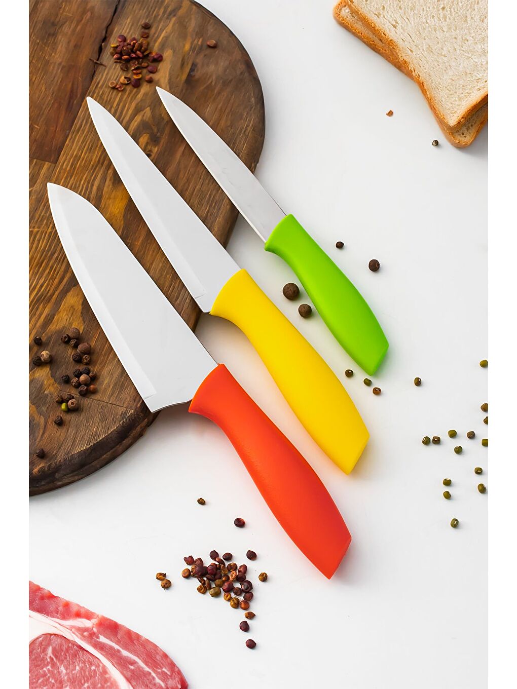 Gri 3'lü Bıçak Seti Meyve, Et Doğrama Bıçağı Şef Bıçakları Kaliteli Sağlam Bıçaklar 28 x 27.5 x 22-1