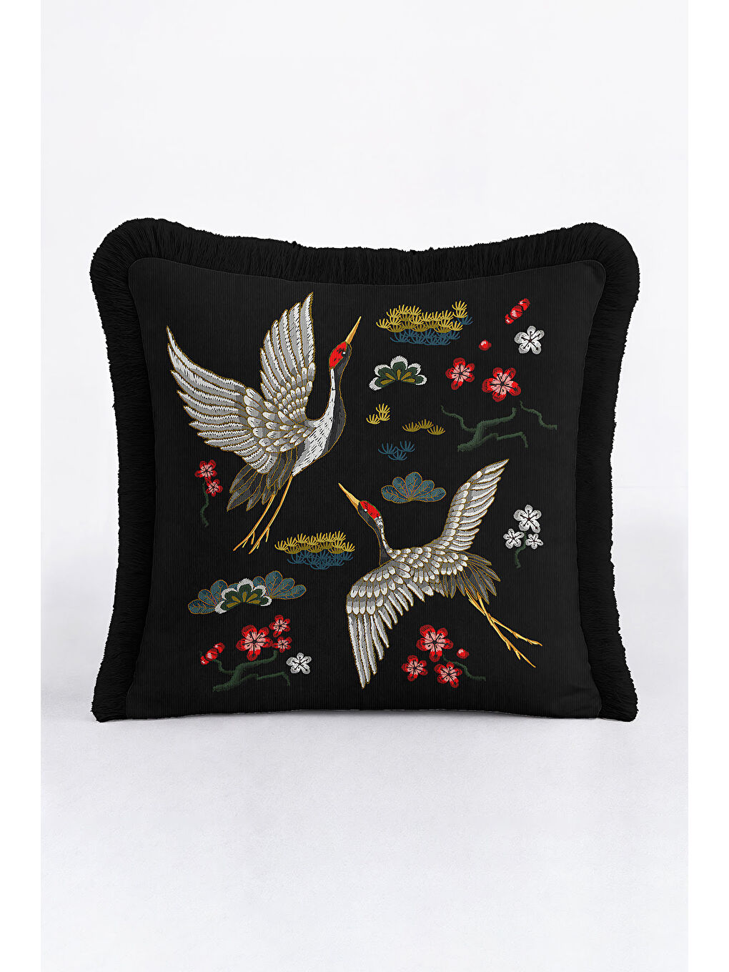 Karışık Zarif Turna Kuşları Saçaklı Yastık Kılıfı - Uzak Doğu Esintili Bohem Siyah Püsküllü Kırlent Kılıfı-4