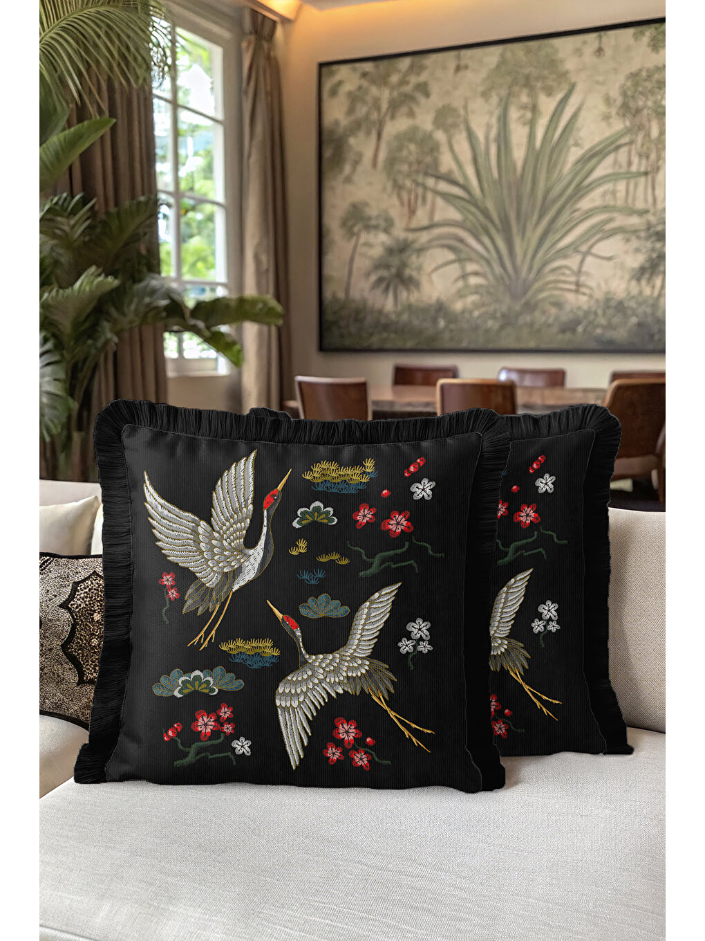 Karışık Zarif Turna Kuşları Saçaklı Yastık Kılıfı - Uzak Doğu Esintili Bohem Siyah Püsküllü Kırlent Kılıfı-5
