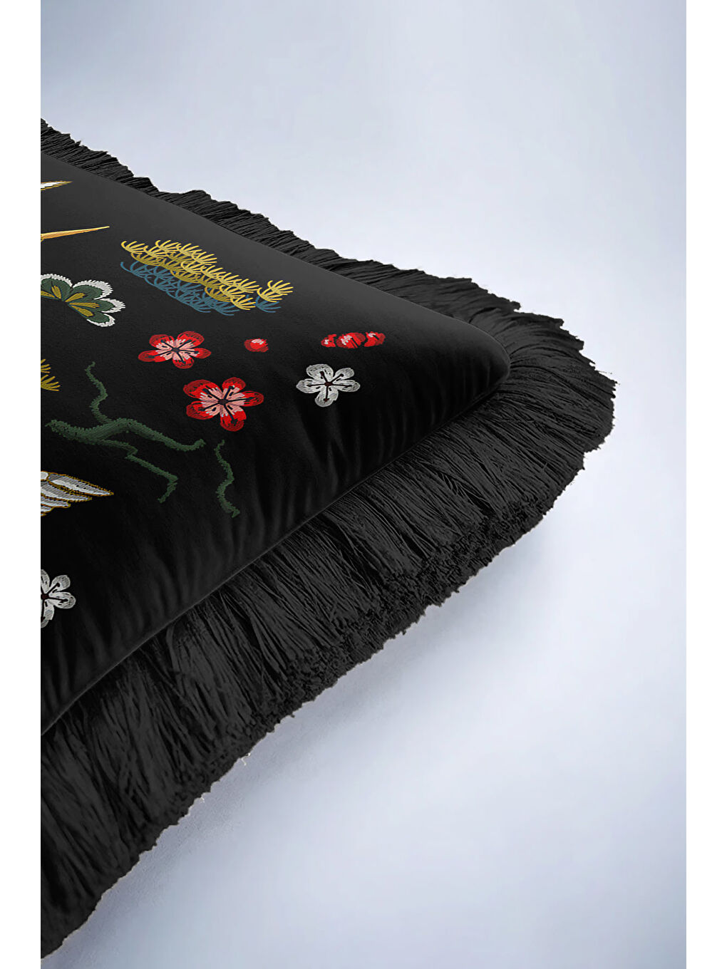 Karışık Zarif Turna Kuşları Saçaklı Yastık Kılıfı - Uzak Doğu Esintili Bohem Siyah Püsküllü Kırlent Kılıfı-6