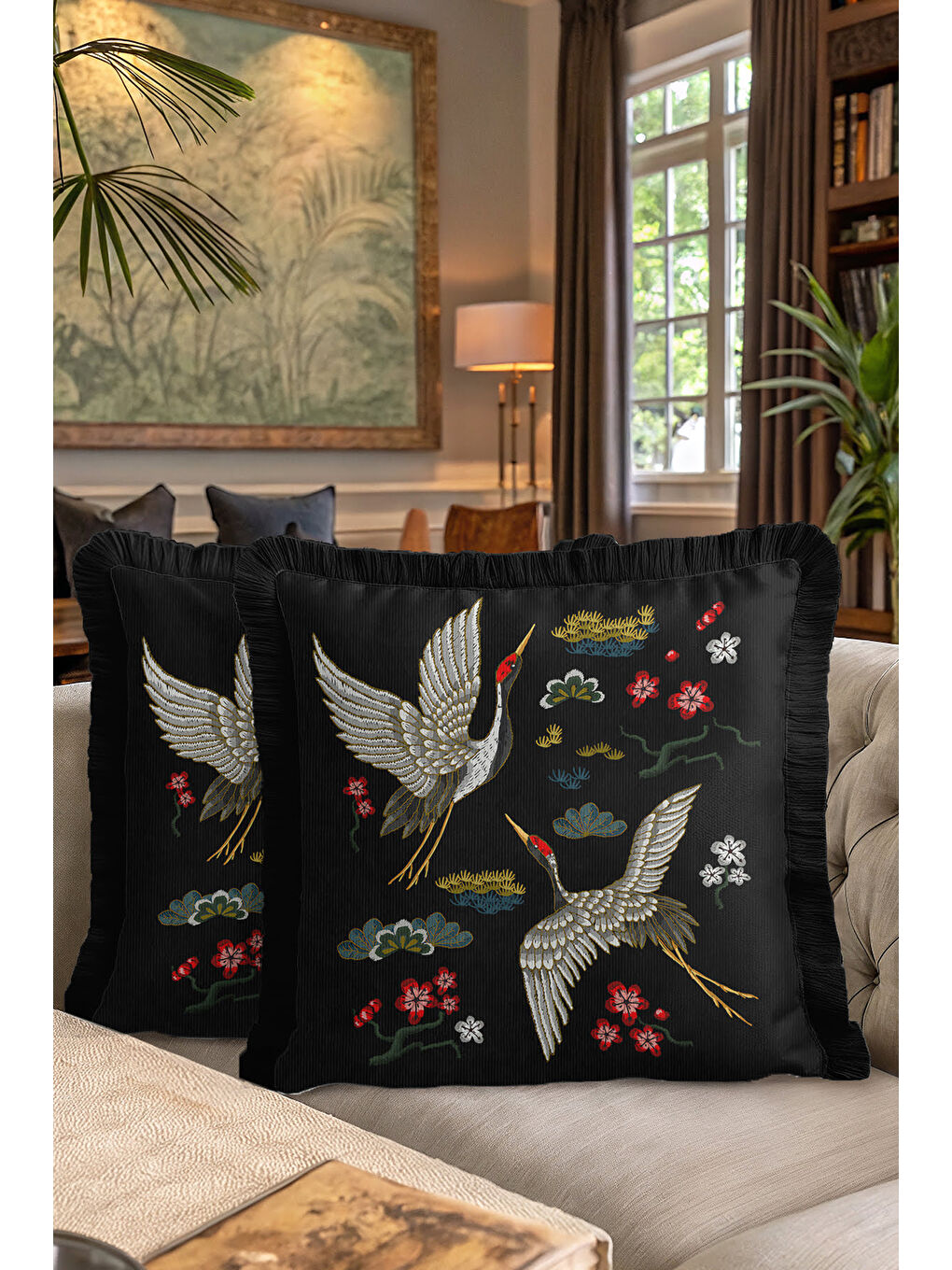 Karışık Zarif Turna Kuşları Saçaklı Yastık Kılıfı - Uzak Doğu Esintili Bohem Siyah Püsküllü Kırlent Kılıfı-7