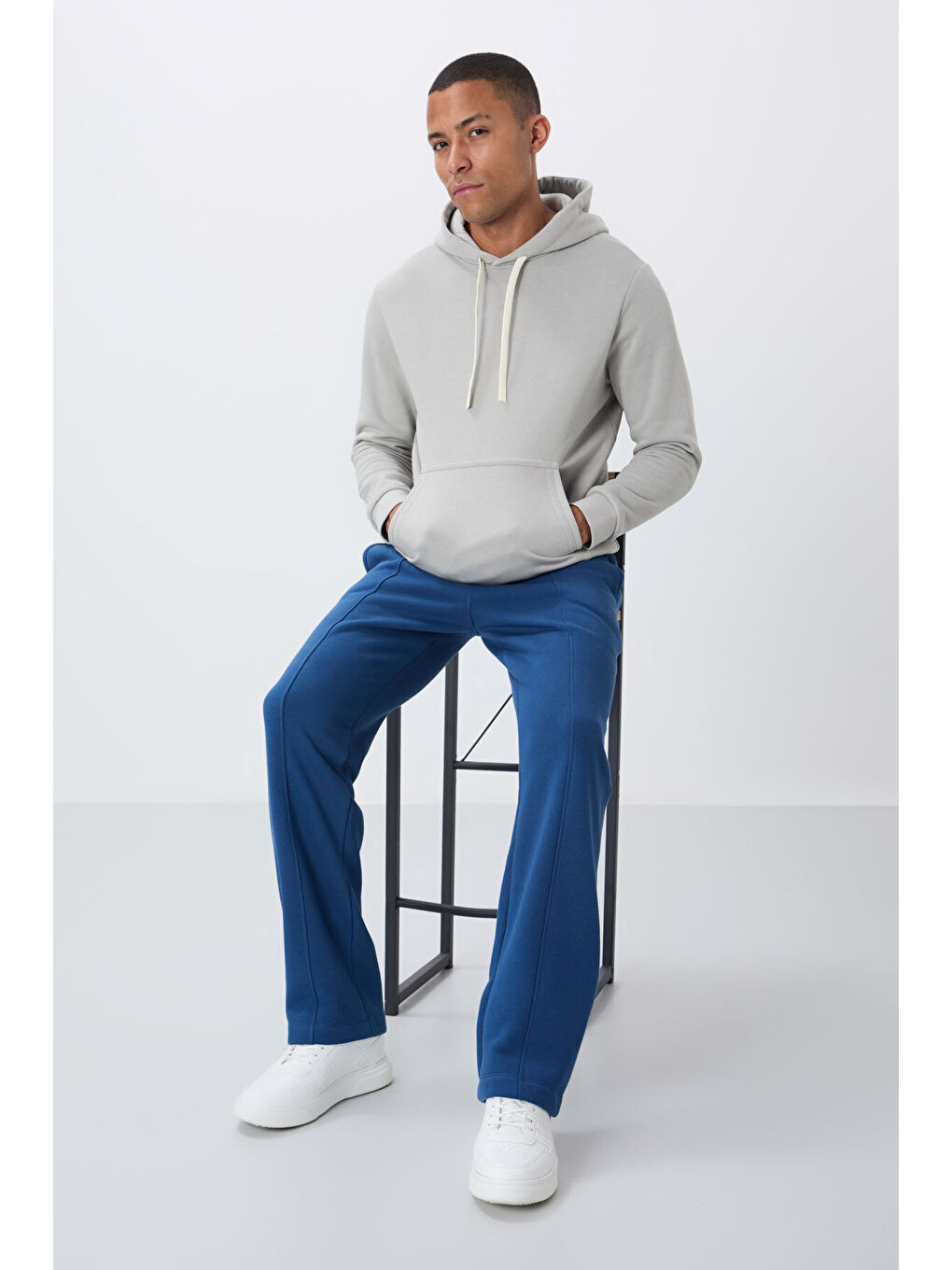 Lacivert Parlament Pamuklu Kalın İçi Tüylü Yumuşak Dokulu Oversize Nakışlı Erkek Eşofman Altı -82146-7