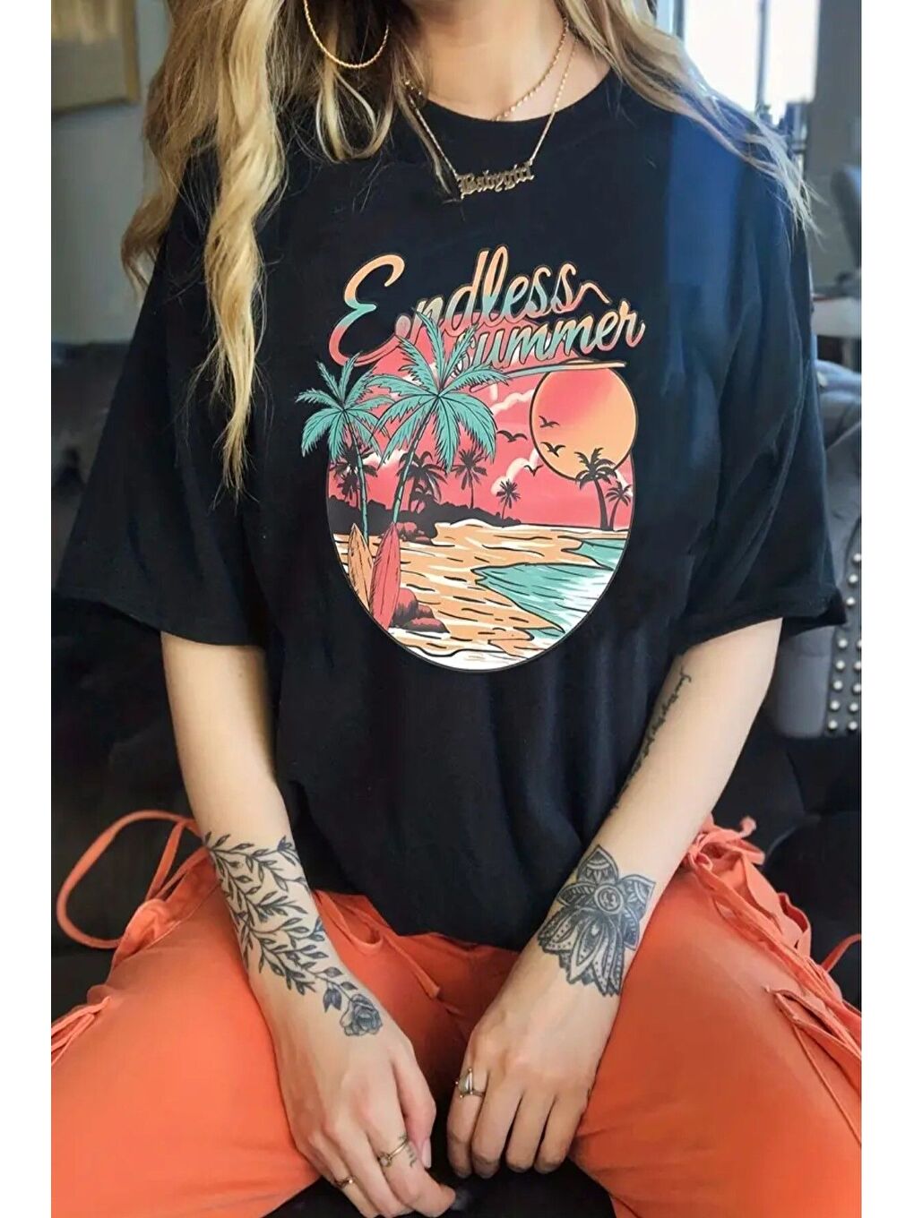 Kadın Siyah Endless Summer Baskılı Oversize T shirt