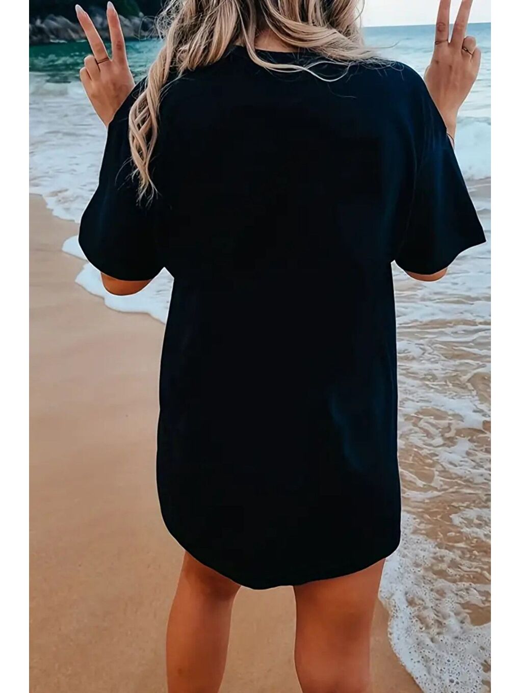 Kadın Siyah Endless Summer Baskılı Oversize T shirt-1