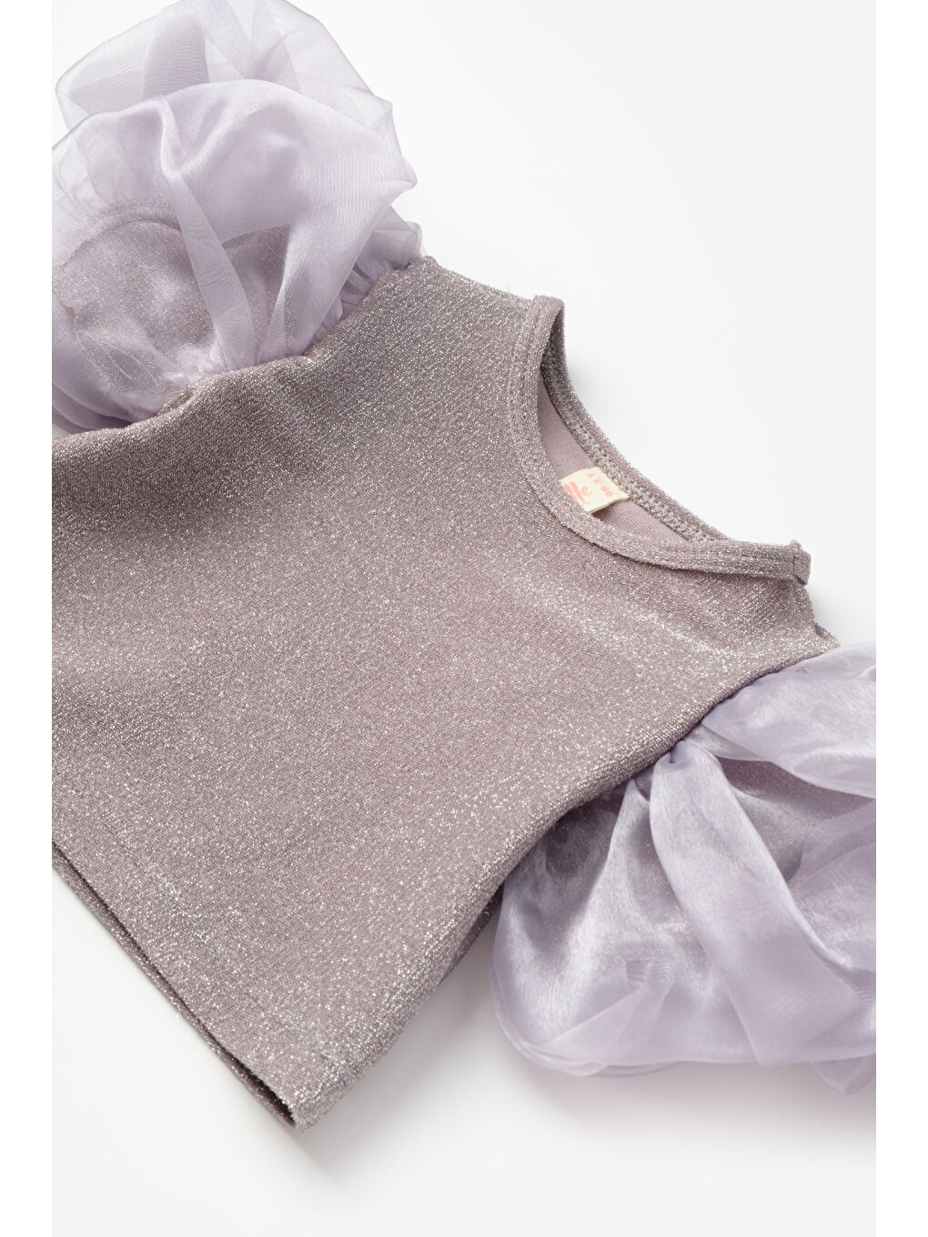 Gri Gümüş  Kolları Tüllü Simli Kız Çocuk Crop Bluz-2