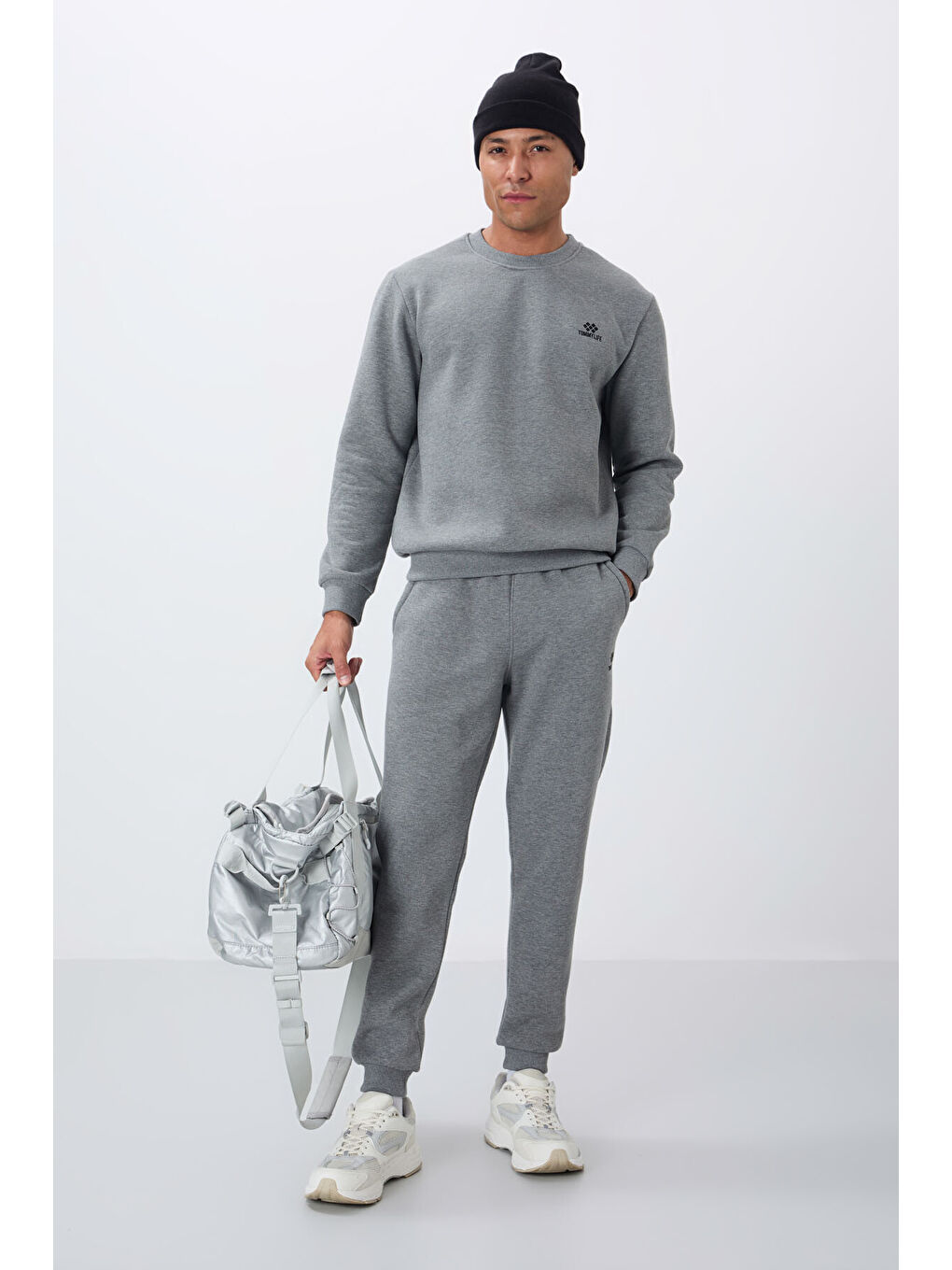 Gri Melanj Pamuklu Kalın İçi Tüylü Yumuşak Dokulu Comfort Fit Nakışlı Erkek Eşofman Takım -85265-6