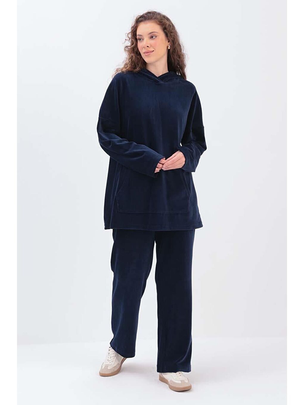 İndigo Kapüşonlu Kanguru Cepli Pantolonlu Takım